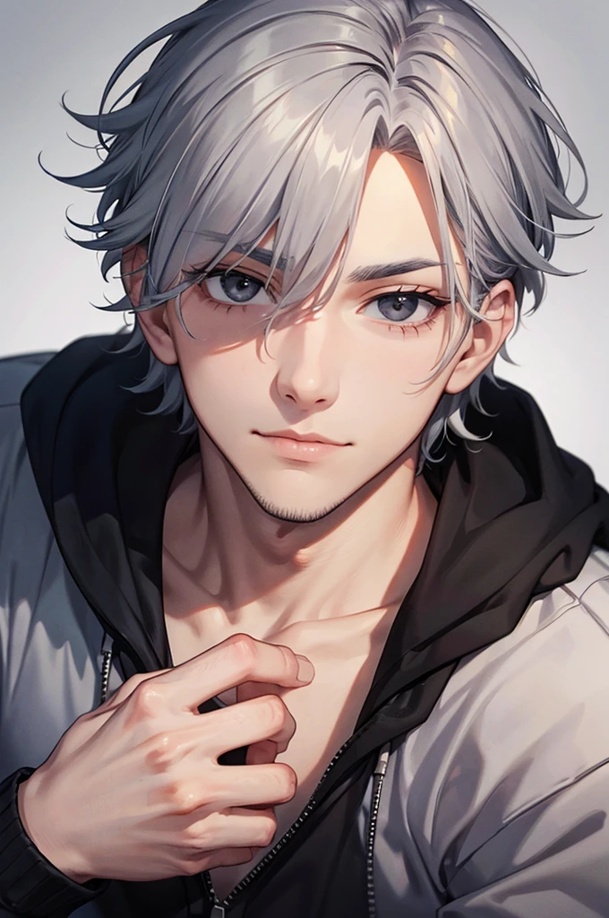 a mature man with short grey blue hair, red eyes, 31 years, and a perfect face, smiling in love, CEO, cinematic lighting, 1:4 HDR image, top view, ultra detailed, best quality, masterpiece, 8K, photorealistic, beautiful image