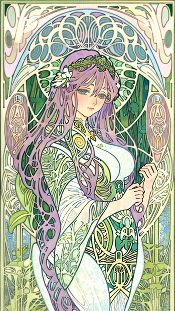 {{A ((beautiful)) depiction of {((a young girl with flowing hair))}}} with {((an intricate background featuring swirling patterns and floral elements))}. This is an {((Art Nouveau:1.5))}-inspired image that showcases {((elegant curves and natural forms))}. The environment/background should be {((highly detailed, featuring ornate, nature-inspired designs))} to create an {((ethereal and whimsical atmosphere))}. The image should be in the style of a {((digital illustration))}, incorporating elements of {((Gustav Klimt and Alphonse Mucha))}. The {((medium shot))} shot, captured with a {((35mm))} lens, will provide a {((clear and focused view))}. The lighting should be {((soft and diffused))}, emphasizing {((the delicate features and intricate background))}. The desired level of detail is {((ultra detailed))} with a {((4K))} resolution, highlighting {((the girl's serene expression and the elaborate backdrop))}. The goal is to create a {((captivating and harmonious))} image that captivates viewers with its {((artistic beauty and intricate details))}.