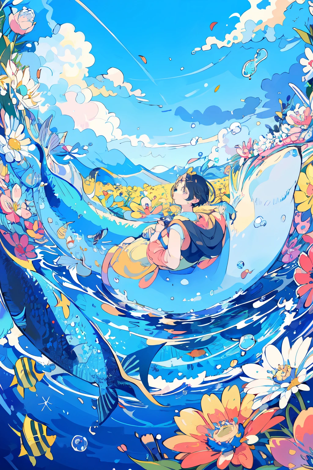 (masterpiece:1.2), Highest quality,Pixiv, 
Fairytale Style, One girl, cloud, alone, null, Black Hair, fish, flower, bubble, blue null, short hair, Outdoor