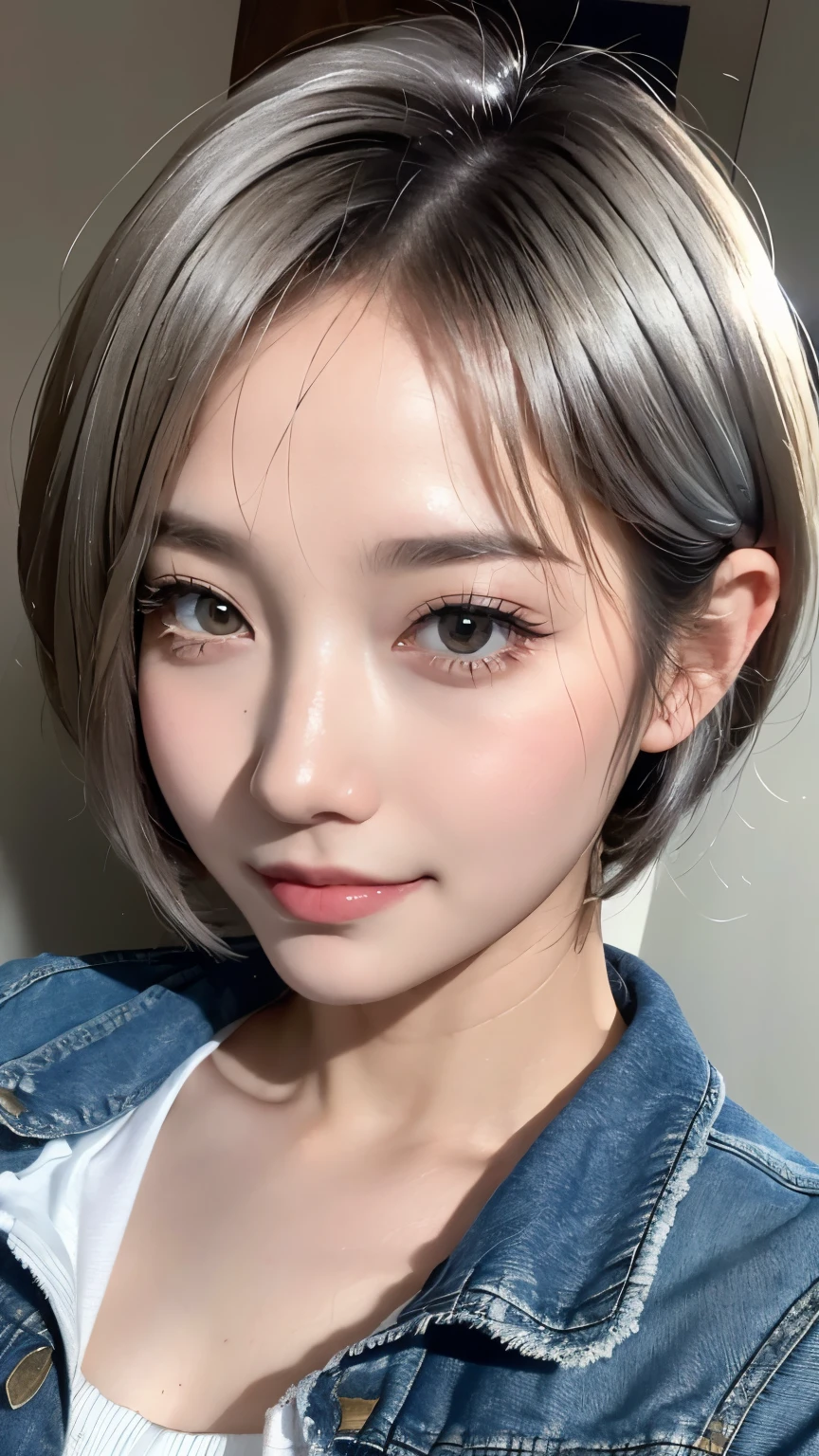 Realistic, masterpiece, Highest quality, Highest Resolution, Portrait of a Japan woman, Depicts only the upper body, Portrait background, Happy smile, Slightly to the side, Always observe the audience, Beautiful and detailed eyes, Dark Eyes, Looks sleepy, Sparkling eyes, (Hidden eyelid wrinkles:1.2), Thin eyebrows, Draw eyelashes carefully, Natural Makeup, (short hair, Silver Hair:1.3), Detailed face, (Face close-up:1.2), ((Denim jacket), naked),mask,Selfie