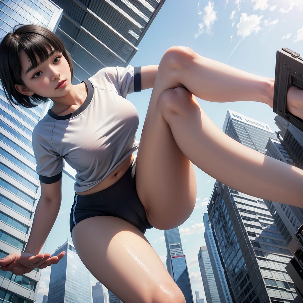 Highest quality,masterpiece,Ultra-high resolution, Very detailed, 8k,A beautiful old Japanese girl:1.5, Small face, Black short hair, blunt bangs, Breast Augmentation Surgery, A very tall giant sits in a city、 White gym clothes, Bloomers, Angle from below