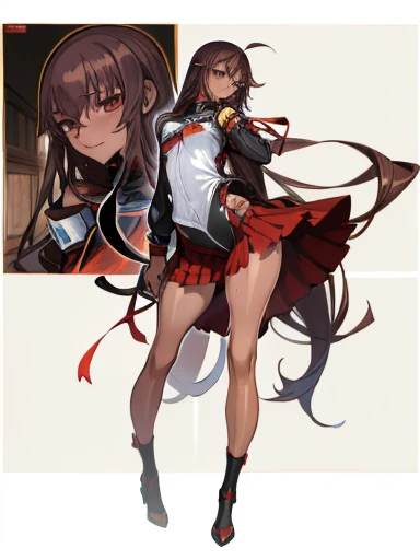 (highest quallity、work of art:1.2),  1 female、 Yukikaze, (dark-skinned woman) Slender Woman、long brown hair、Eyes red、Red loop、black clothing、red skirt、(black high leg、Black knee height), ((olhar malicioso、vulgar smile)) senor.々a-pose