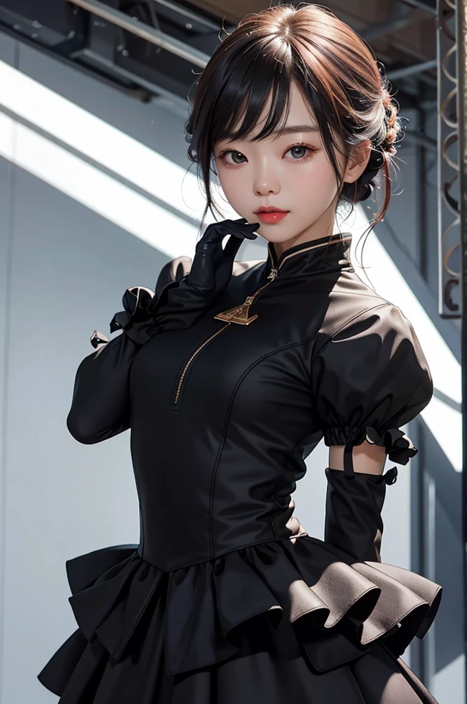 masterpiece, best quality, JingliuV4, 1girl, solo, looking at viewer, closed mouth, gloves, dress, black gloves, detached sleeves, hands behind back,