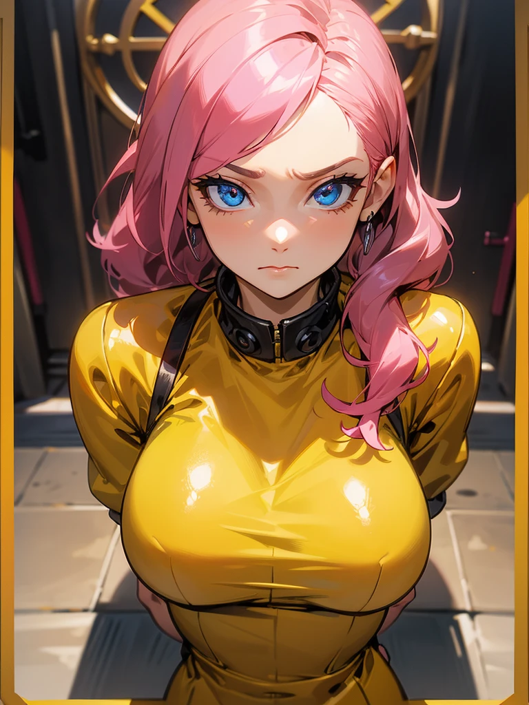 Fake , Mature woman, foto de busto, big pink hair, shining blue eyes, wearing a mustard yellow jumpsuit, breasts big, looking 35 years old, eye on the spectator, Look to the camera, , the background is dark metal gate, revegeance expression, foco no rosto, de frente