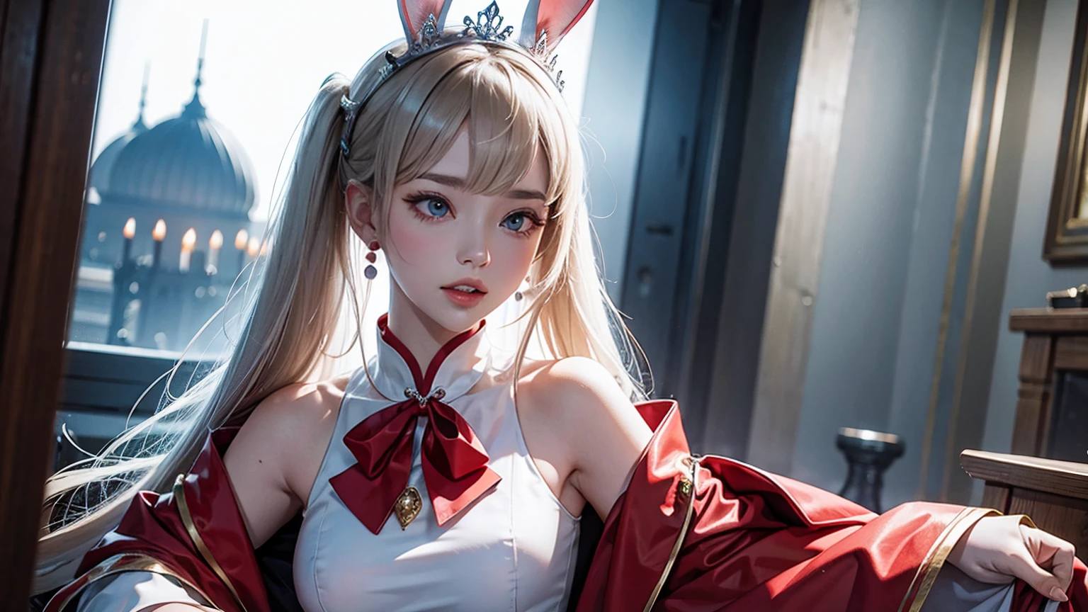 Rabbit ears，White twin ponytails，Bai Changzhi，crown，castle，White pleated dress，Red Eye，Big red gem on chest，There is a red bow on the neck，The upper body is decorated with many pearls，sleeveless，Royal sister