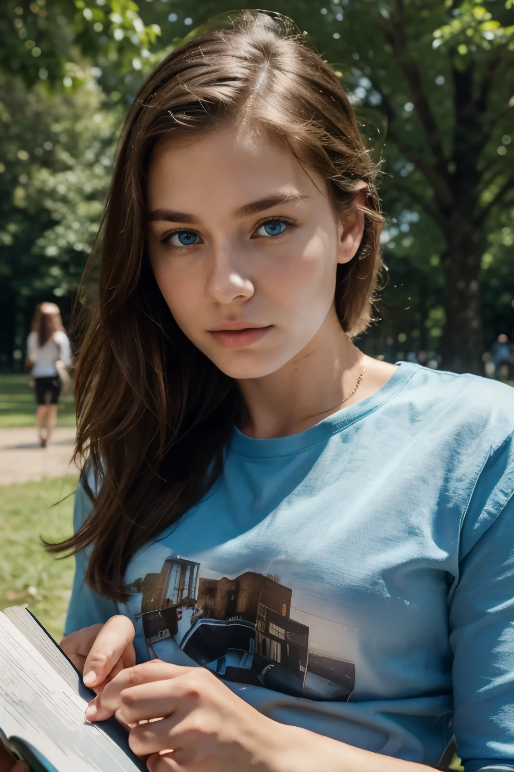Swedish young Man, handsome boy with blue eyes, ultra realist, Meticulously detailed, Portrait Sophie Mudd, ((reading book in the park)), brown hair and big eyes, selfie of a young man, park, wearing t-shirt and jeans, looking straight at camera , Face with Artgram, Great photo of the whole body, in the park, Medium to large bust, with blue eyes