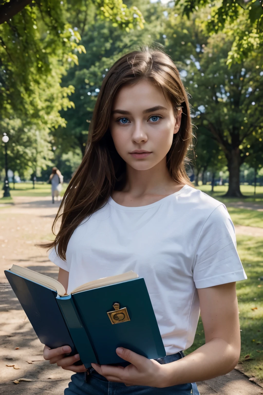 Swedish young Man, handsome boy with blue eyes, ultra realist, Meticulously detailed, Portrait Sophie Mudd, ((reading book in the park)), brown hair and big eyes, selfie of a young man, park, wearing t-shirt and jeans, looking straight at camera , Face with Artgram, Great photo of the whole body, in the park, Medium to large bust, with blue eyes