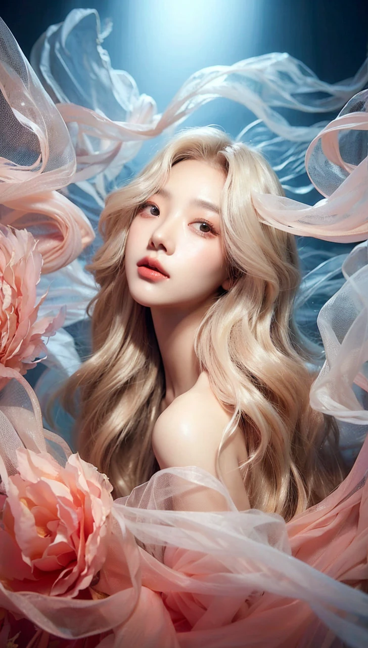 potrait, korean woman, long blonde hair. romantic, floating organza, billowing chiffon, studio lighting, outer space, Intricate, Sharp Focus, Concept Art, Artstation, Digital painting, Highly detailed, Concept art, Pastel coral pink, Pastel white, Pastel blue, Pastel pink, Scifi, Futuristic, Silver Hyperrealism,high quality,high detailed,ultra detailed