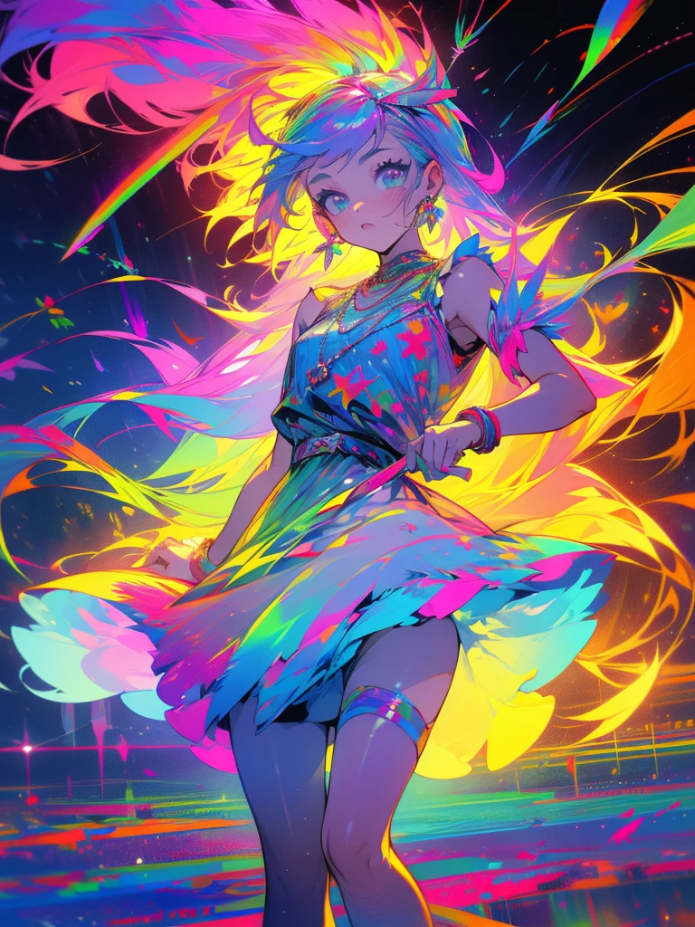 (Girl looking at the ground - Colorful - Most colorful ever - Ultra HD - 4K - Girl wearing a dress with colorful Feather - Colorful - Rainbow - Rainbow Sky - Vivid Sky - Night)