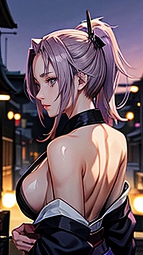 high resolution、anime、One Woman、Samurai costume、Long Hair、ponytail、Facing diagonally forward、Kyoto street corner、At dusk、The backlight is too bright、No one else、Purple Sky、
