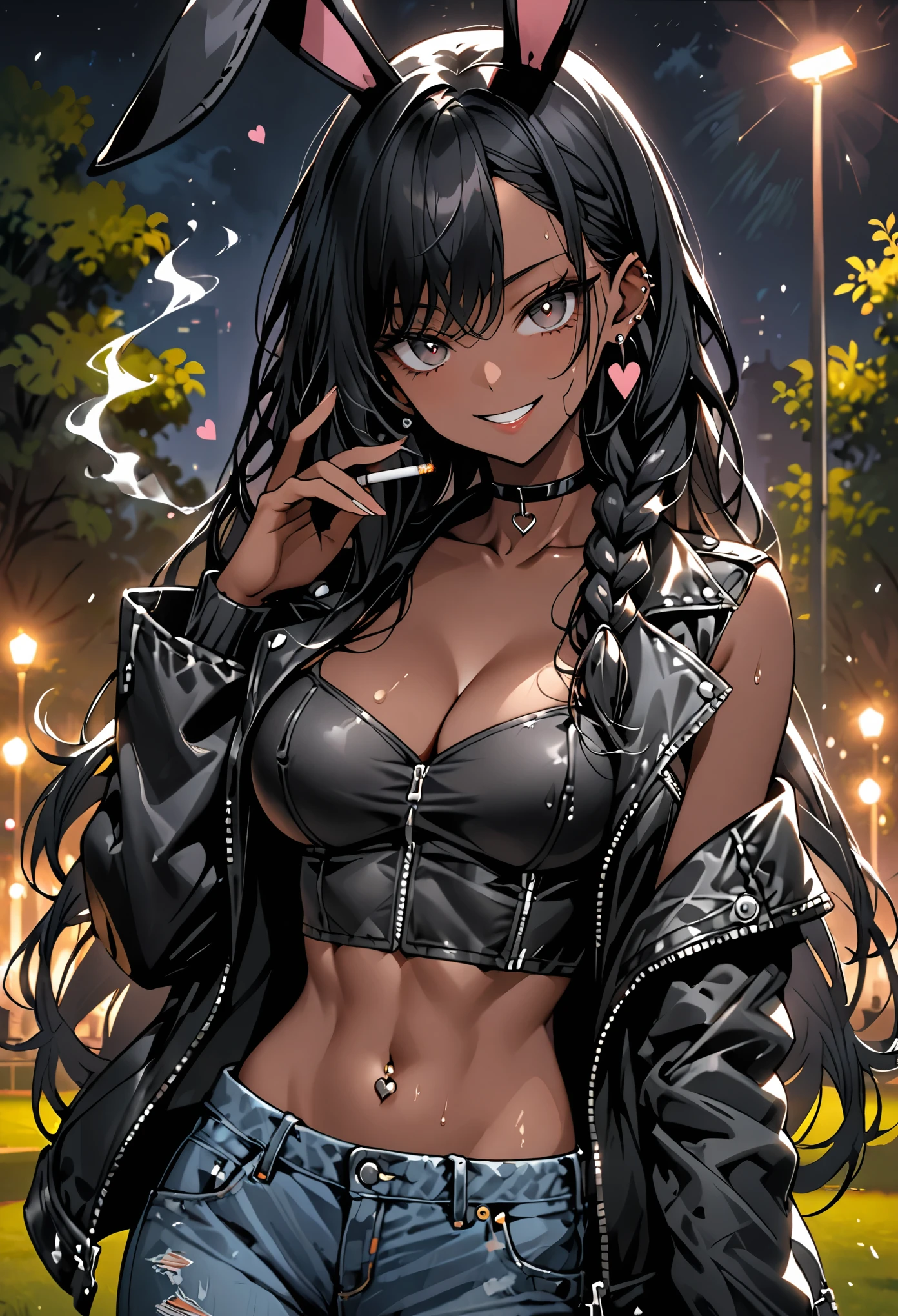 female, huge fluffy black rabbit ears, floppy black rabbit ears, dark skin, black hair, very long hair, braids, curvaceous, wide smile, black eyes, abs, cleavage:0.3, heaving breasts, close up, from the waist up, looking at viewer, black rabbit tail, sweat, solo, leather jacket, short shirt, worn jeans, holding cigarette, earring, choker, navel piercing, park, night, short shirt, bare midriff, cool pose, heart-shaped pupils