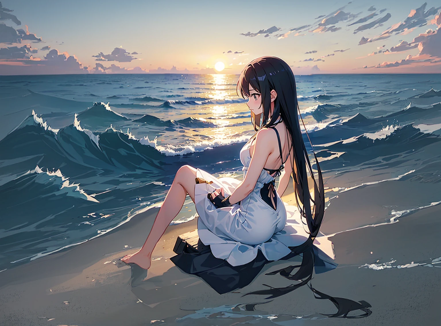 อะนิเมะสาวนั่งอยู่on the beachพร้อมรีโมทคอนโทรล, At the beachตอนพระอาทิตย์ตก, in the sea, Beautiful anime, At sea, At the beach on a sunset, Beautiful anime girl, At the beach, At the beach, Plow collection style, on the beach, on the beachตอนพระอาทิตย์ตก, At seaside, relaxing At the beach