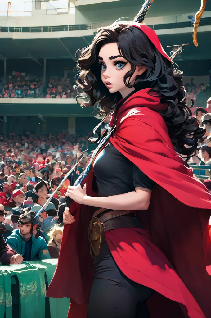 Lily Collins with black curly hair with red hood, medieval clothes, bow and arrow in hand, entering an arena landscape filled with bleachers and audience watching the illustration is detailed, smooth and bright, HD art by Citemer Liu