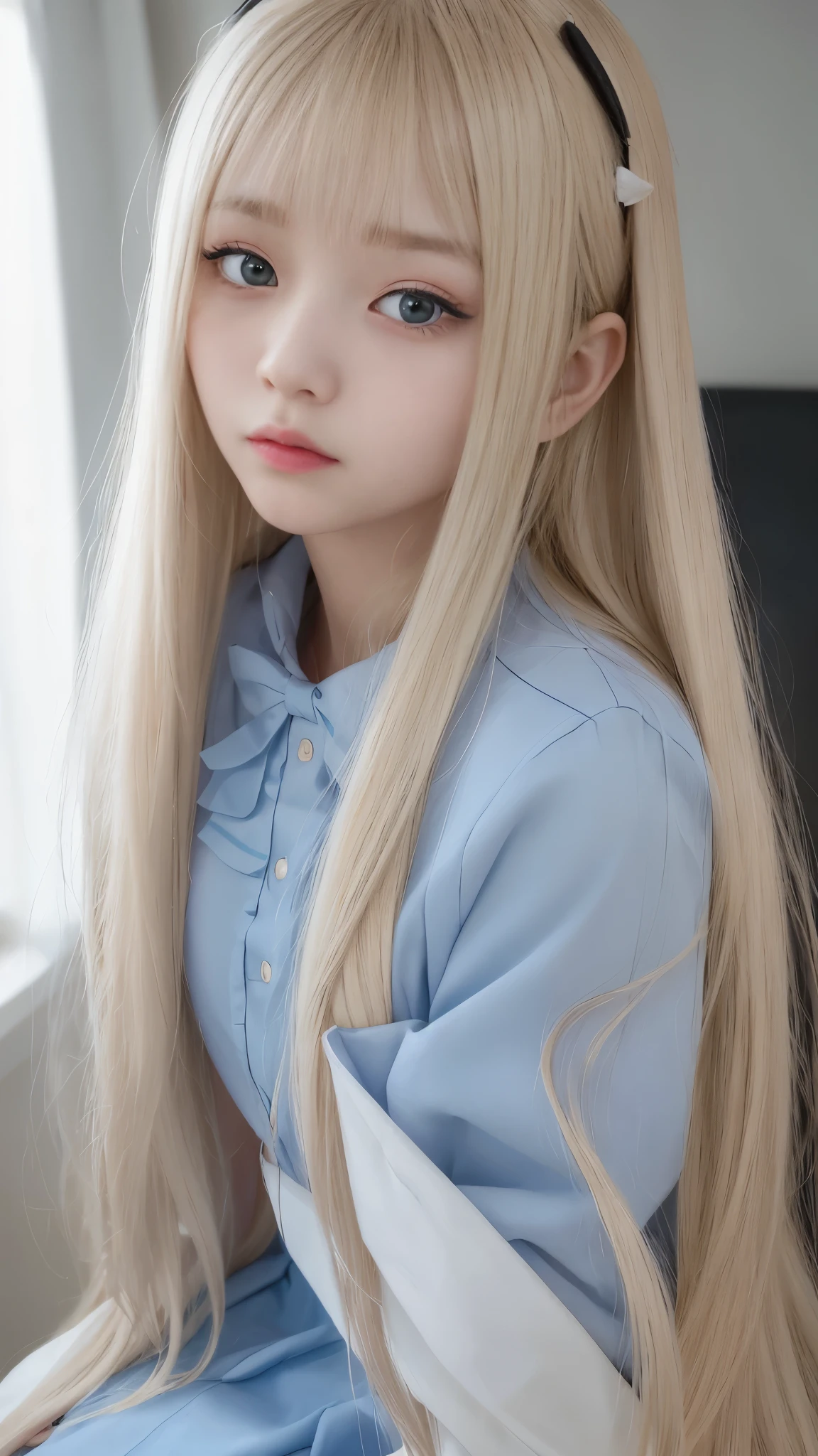 Bright expression、Photorealism、Highest quality、Ultra-high resolution、picture、The most beautiful Scandinavian girls photos、A cute and beautiful face down to the last detail、(Pure Eros Face_v1)、Beautiful Bangs、Alice in Wonderland、18-year-old、beautiful girl、Glowing White Skin、Hair sticks to face、Bangs on the face、Bans、Hair between the eyes、Super long hair、Attractive bright natural blonde super long straight silky hi-light hair、Beautiful bright transparent light blue big eyes that are charming and shining、School uniforms、、eyeliner、double eyelid、(Ample breasts)、(Correct Anatomy)、Captivating facial expression、Gaze at the viewer、Detailed eyes and face、Professional photography techniques
