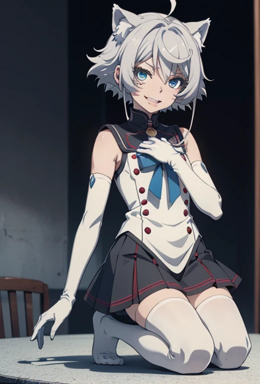 Tabletop High resolution Best image quality 8k Adult female Anime Style White long gloves(Elbow Gloves) White Sailor Suit(Sleeveless) mini skirt White pantyhose(I can see your underwear) White wolf ears short hair((Shortcuts)(Gray Hair)(Perm)(fluffy)) blue eyes Attractive face((Laughter)(smile)(Open your mouth)) Kneeling Place your hands on your knees