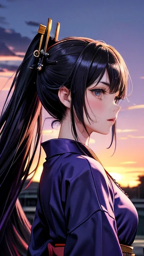 high resolution、anime、One Woman、Samurai costume、Long Hair、ponytail、Facing diagonally forward、Kyoto street corner、At dusk、The backlight is too bright、No one else、Purple Sky、