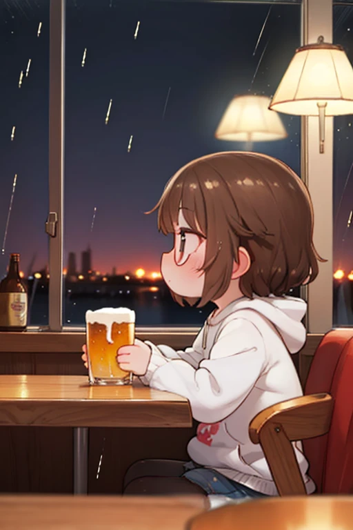 Beautiful brown-eyed chestnut girl with glasses drinks beer in a night bar, evening, beautiful sunset, rain outside the window,fisheye lens,long brown hair, sadly, when you look through a glass window, Senna movie, dim lighting, semi-profile camera, Cold,Weak colors,in a sweatshirt