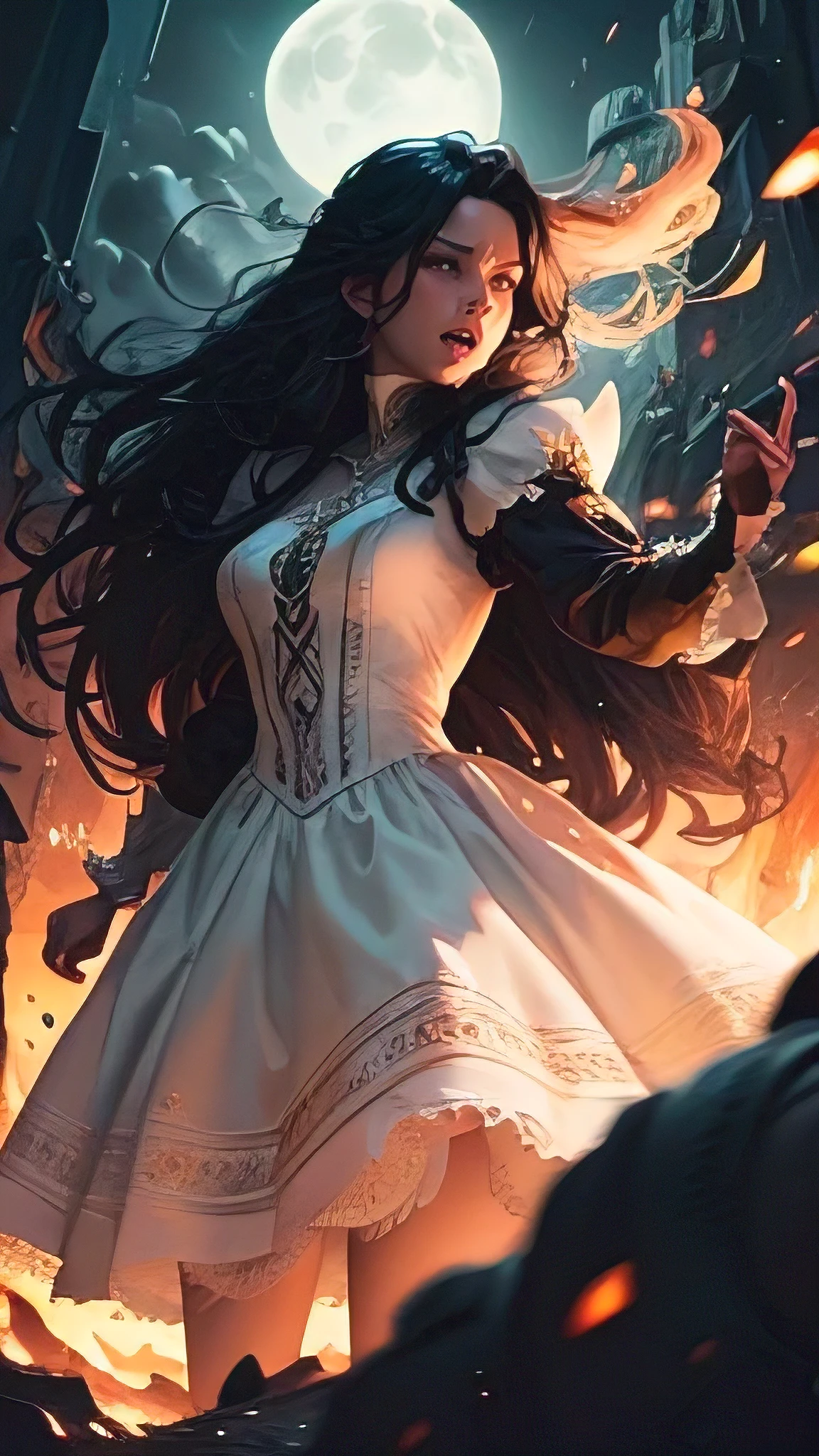((best quality)), ((masterpiece)), (detailed), A digital illustration of a furious long black haired woman wearing a full white princess dress throwing the head of a giant monster at night. The background is lava