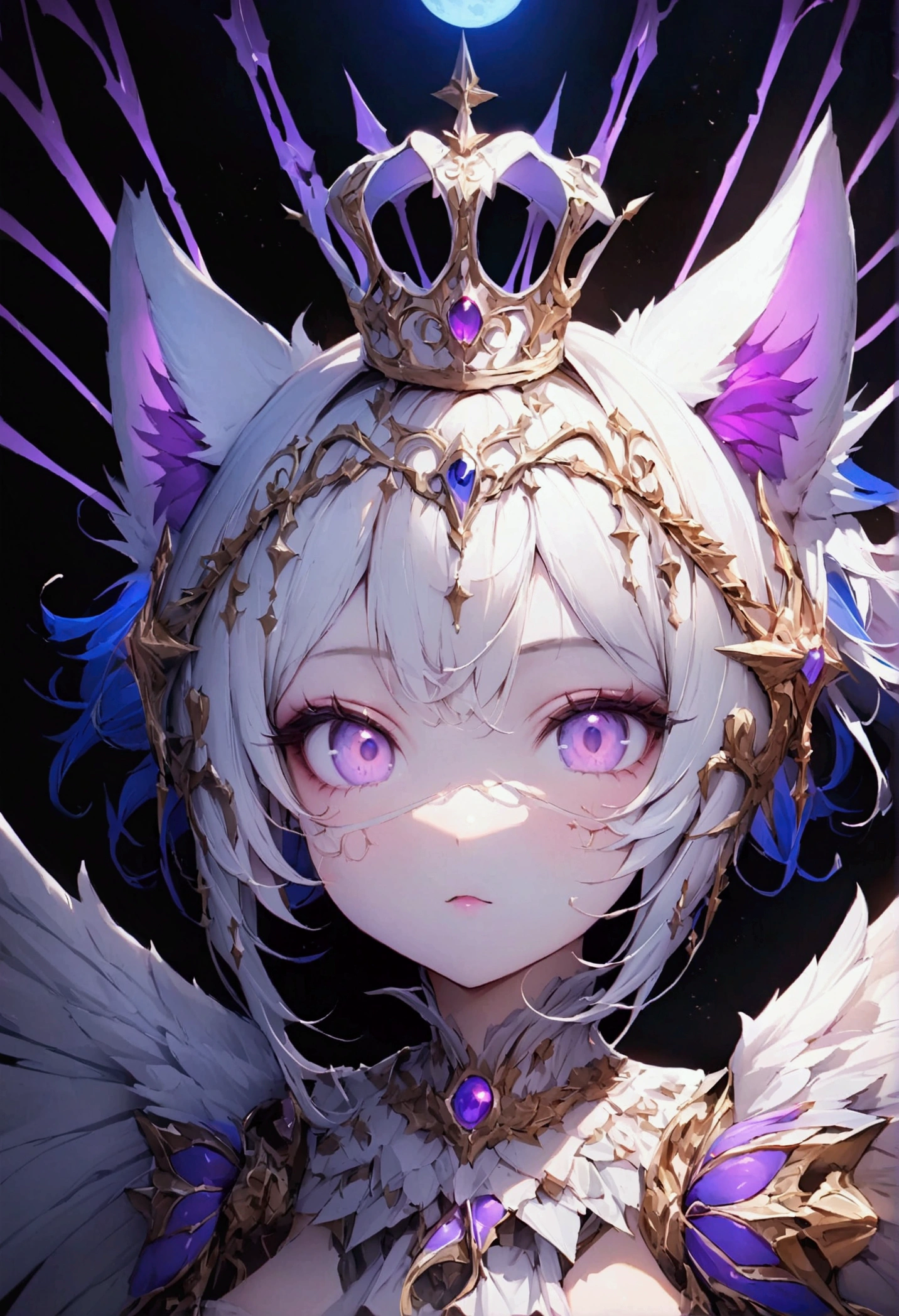 animal、Cute White cat、Beautiful purple eyed cat、White crown、White Angel wings、Glare、Rin々Funny face、beautiful、blue Moon、Lots of blue light、Fantasy White cat,Facial close-up enhancement,AmbiLight,The colors are vivid and bright,Black background,haze,Detailed depiction,Rich details,Explosion of imagination,Surreal,Ultra-realistic,masterpiece,8k,Light,Tyndall effect