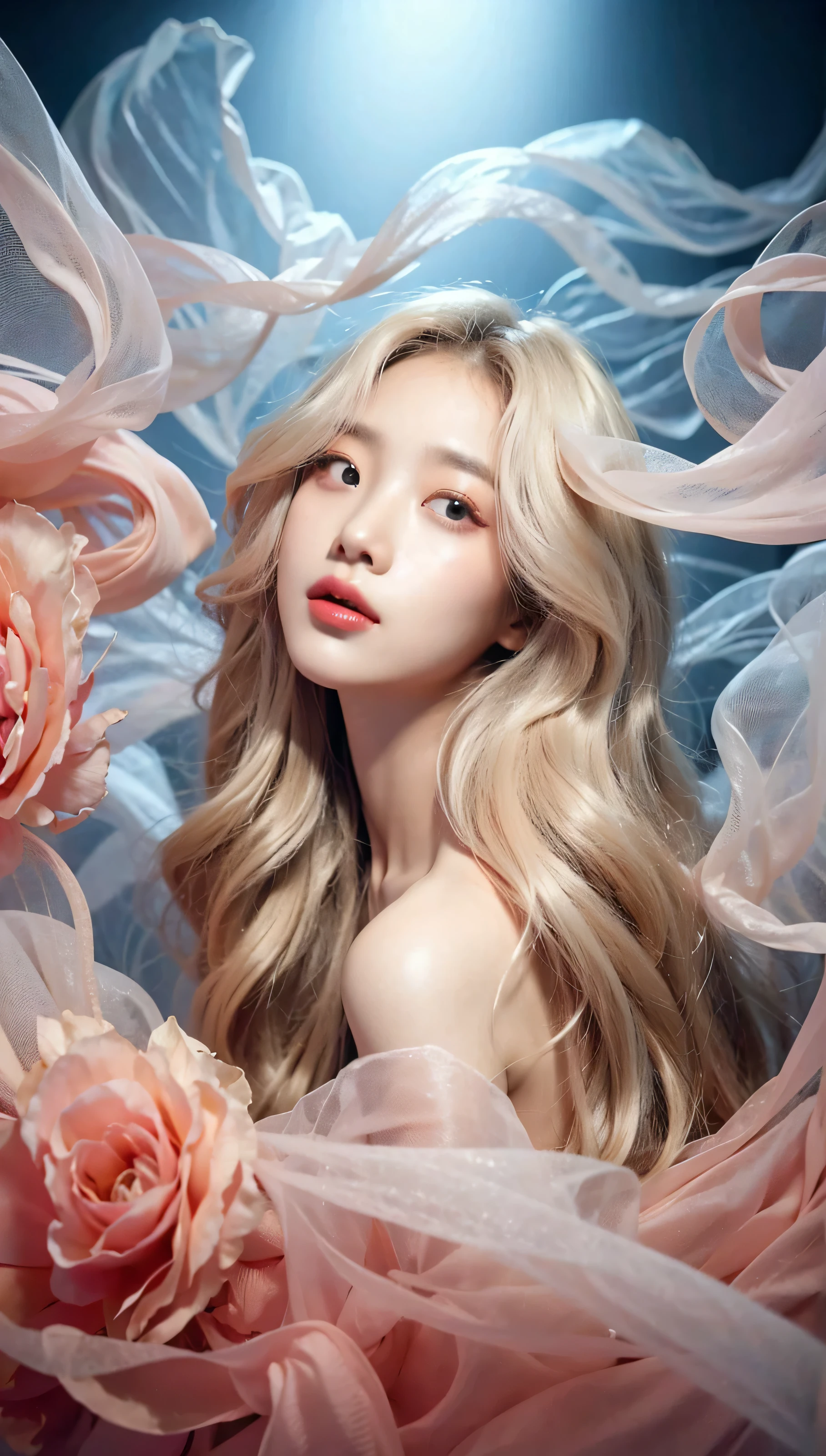 potrait, korean woman, long blonde hair. romantic, floating organza, billowing chiffon, studio lighting, outer space, Intricate, Sharp Focus, Concept Art, Artstation, Digital painting, Highly detailed, Concept art, Pastel coral pink, Pastel white, Pastel blue, Pastel pink, Scifi, Futuristic, Silver Hyperrealism,high quality,high detailed,ultra detailed