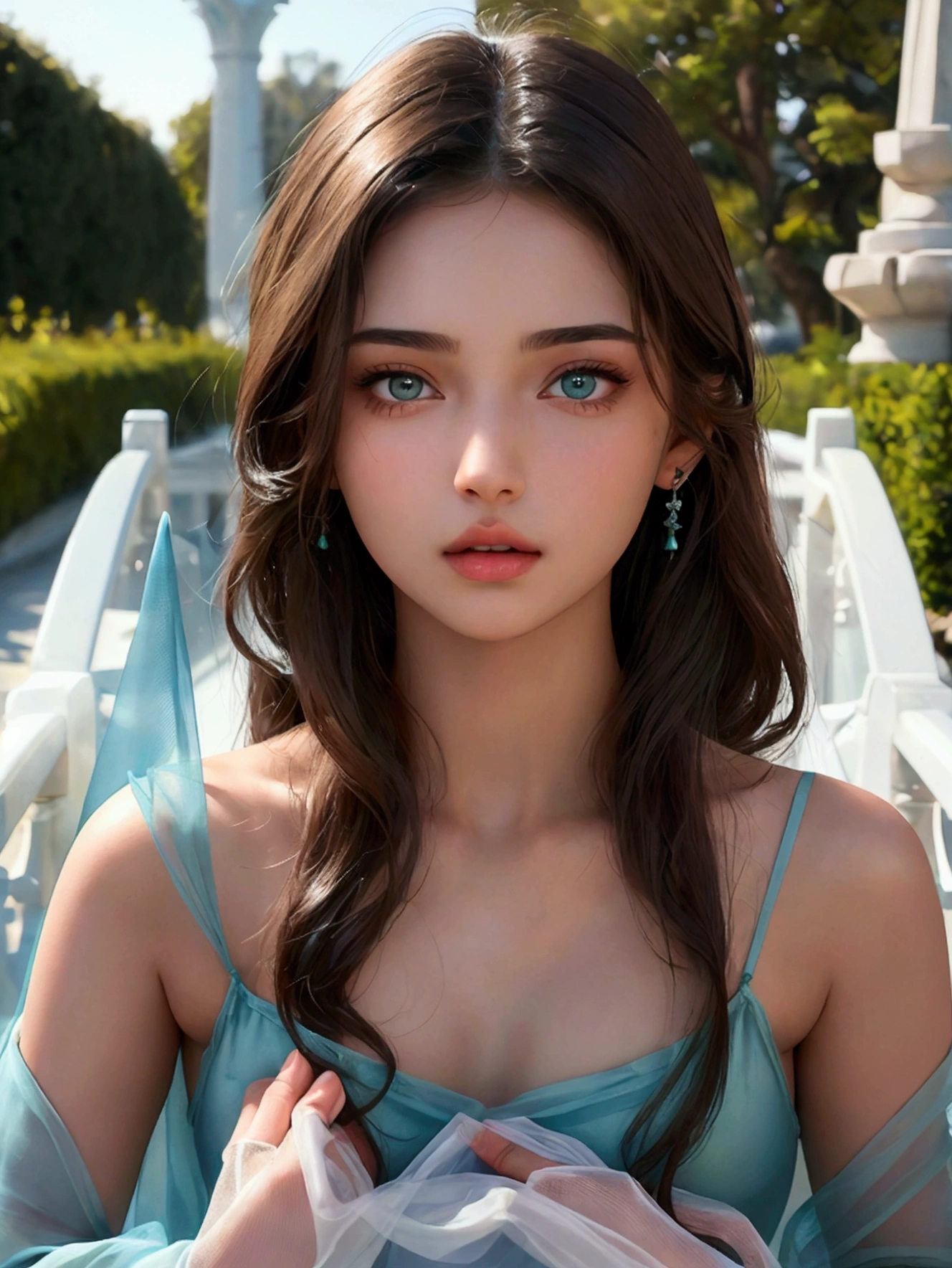 8K high resolution full body , hyper realistic , anatomically perfect , 18 year old girl from North Africa , Brunette long slightly wavy hair , green eyes with thin eyebrows , Modern jewelry for hair and body , Model poses in light blue transparent fine silk with very discreet underwear , Background white park bridge in a fantastic garden from another world