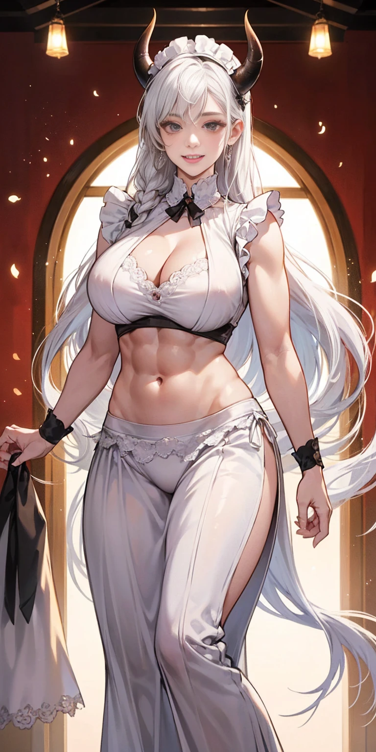 1 full length girl standing, good ass, maid of honor, Hairstyle with a white braid, white hair, blind, perfect lighting, muscular, thighs, mature woman, Mummy, belly button, ABS, look at the viewer (masterpiece, high quality: 1.1) smile, Extremely huge breasts, maternal, Porcelain skin, Extra long hair, shiny skin, good face, oni horns