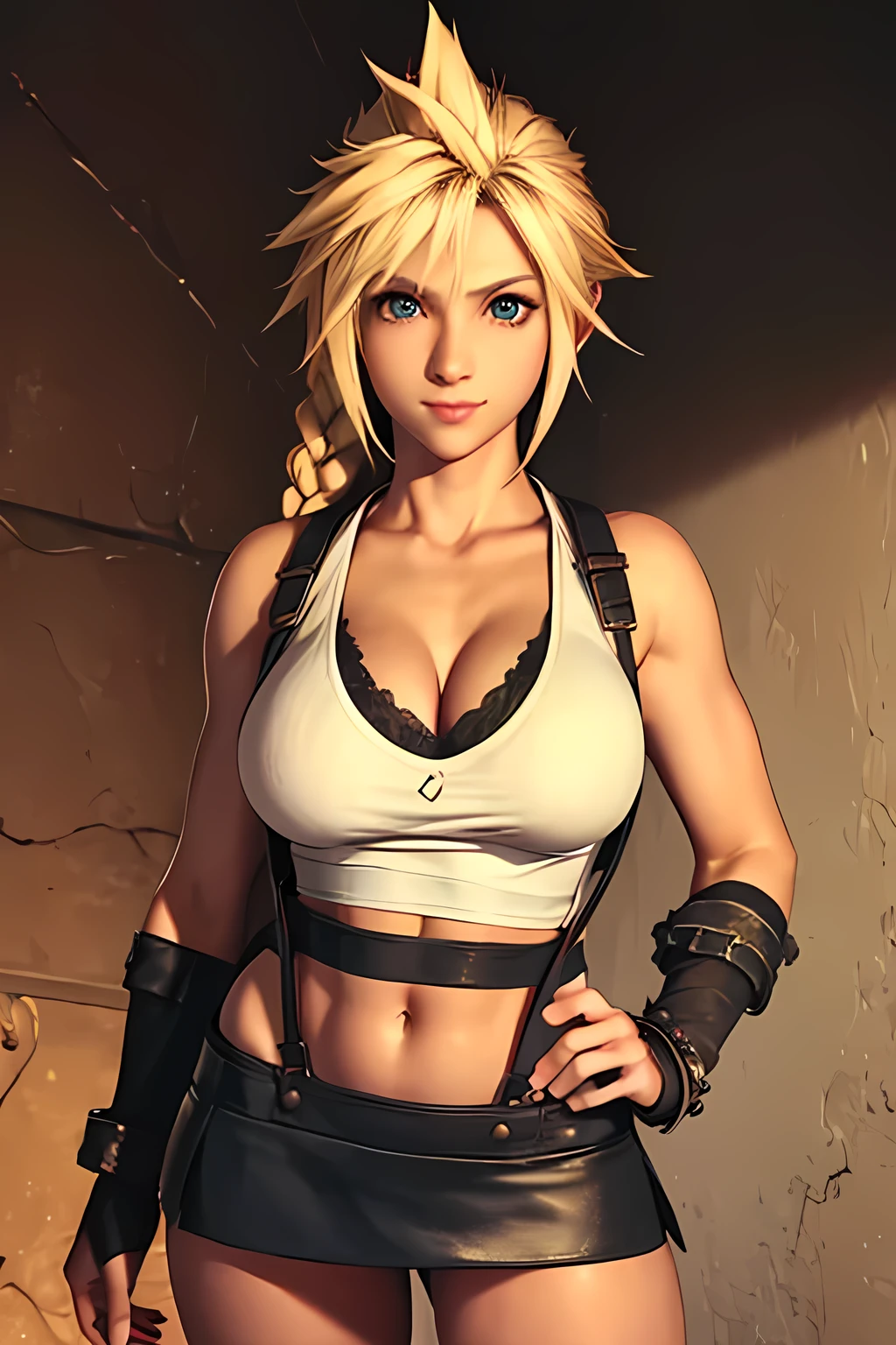 masterpiece, female Cloud Strife, (realistic: 1.5), big breasts, white sleeveless top, black microskirt, sexy pose, mischievous smile, looking at viewer, keeping eye contact, precise hands, cleavage, suspenders, blonde braid, navel