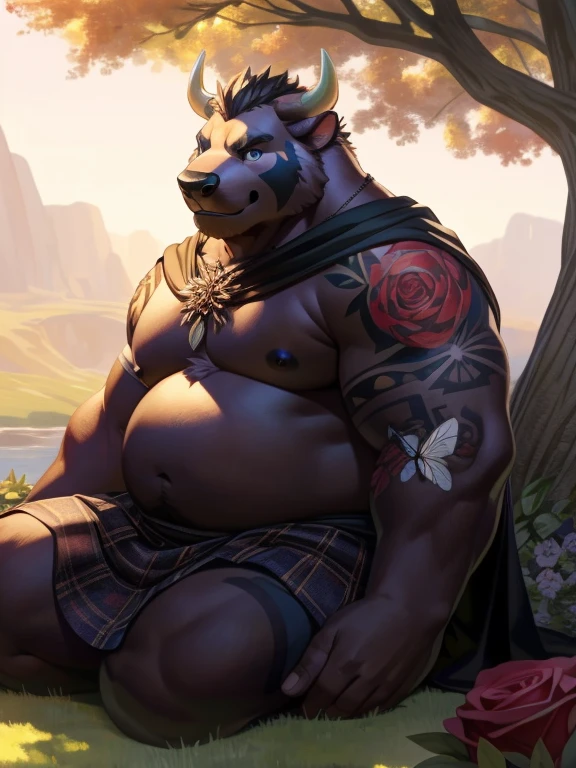 solo, anthro, furry, furry male, bull,((short fur,furry, shaggy fur, dark fur)), (floral rose garden tattooed arms, floral rose garden tattooed chest), black pupils, white sclera, black body, black fur, dark blue eye, tail, horns, detailed fur, detailed face, detailed eyes, bare chest, (black cloak, black kilt), grassy hill, (by null-ghost,by raccoon21, masterpiece, high quality, hi-res, 8k, hd, half-light, warm lighting), standing,close-view portrait, looking at viewer, daytime, stoic expression, arrogant, sitting down, looking up, butterfly on nose, Fat male bull, fat, fat belly, fat thighs, fat arms, lovehandles, bull horns, full sleeve tattoos on both arms, torso covered in tattoos, spiky hair, mid 40s, cloak, no shirt, kilt,