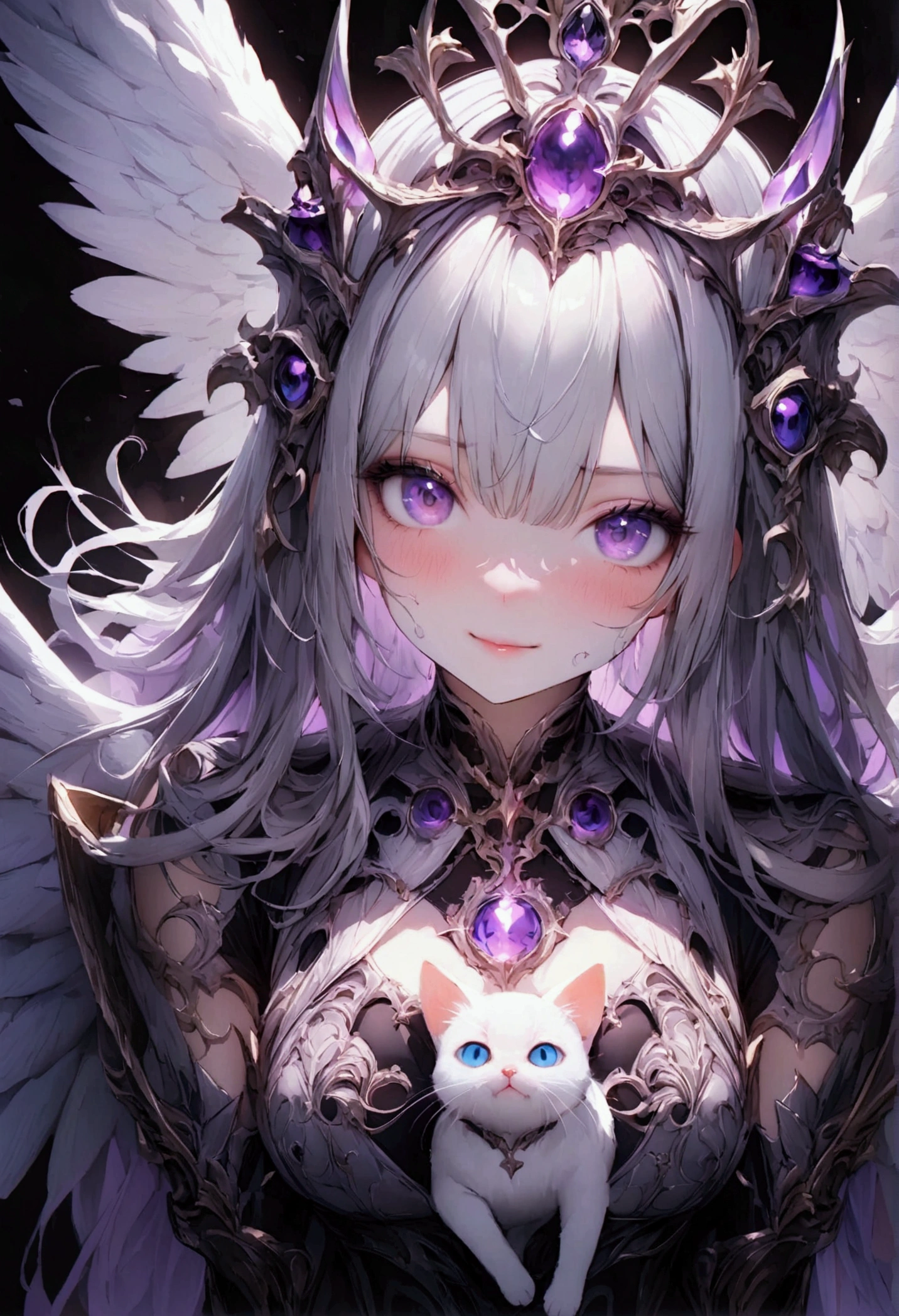 animal、Cute White cat、Beautiful purple eyed cat、White crown、White Angel wings、Glare、Rin々Funny face、beautiful、blue Moon、Lots of blue light、Fantasy White cat,Facial close-up enhancement,AmbiLight,The colors are vivid and bright,Black background,haze,Detailed depiction,Rich details,Explosion of imagination,Surreal,Ultra-realistic,masterpiece,8k,Light,Tyndall effect