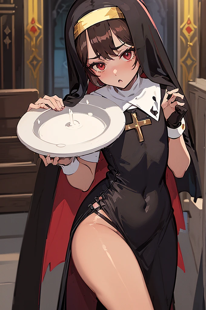 ((anime boy)), ((crossdresser)), (((1boy)))), (((solo))), ((((alone)))) medium dark brown hair, red eyes, ((((brown skin)))), wide hips, narrow waist, thick thighs, flustered, brushing, standing in a church, ((flat chest)), long skirt, shirt, (((skin tight black nun dress))), in a suggestive pose