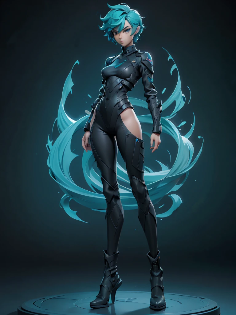 Design a layout showcase Gaming character,  (1girl).short stylish hair, Teal blue + black sleek clothes, stylish and unique, ((full_body_shot:1.4)))
