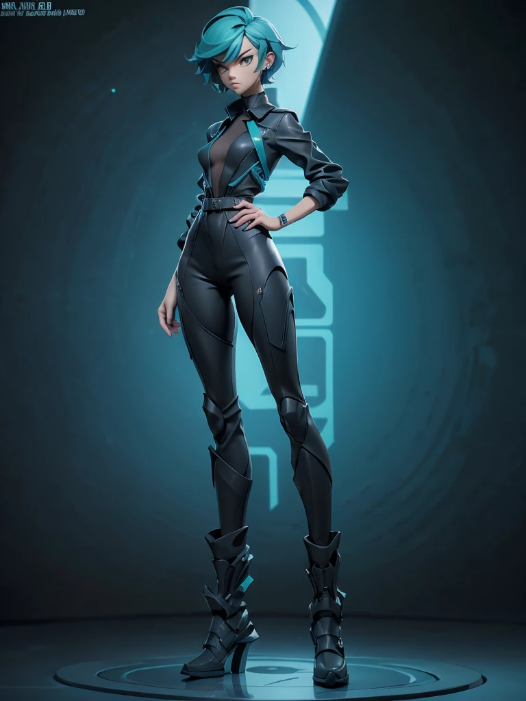 Design a layout showcase Gaming character,  (1girl).short stylish hair, Teal blue + black sleek clothes, stylish and unique, ((full_body_shot:1.4)))
