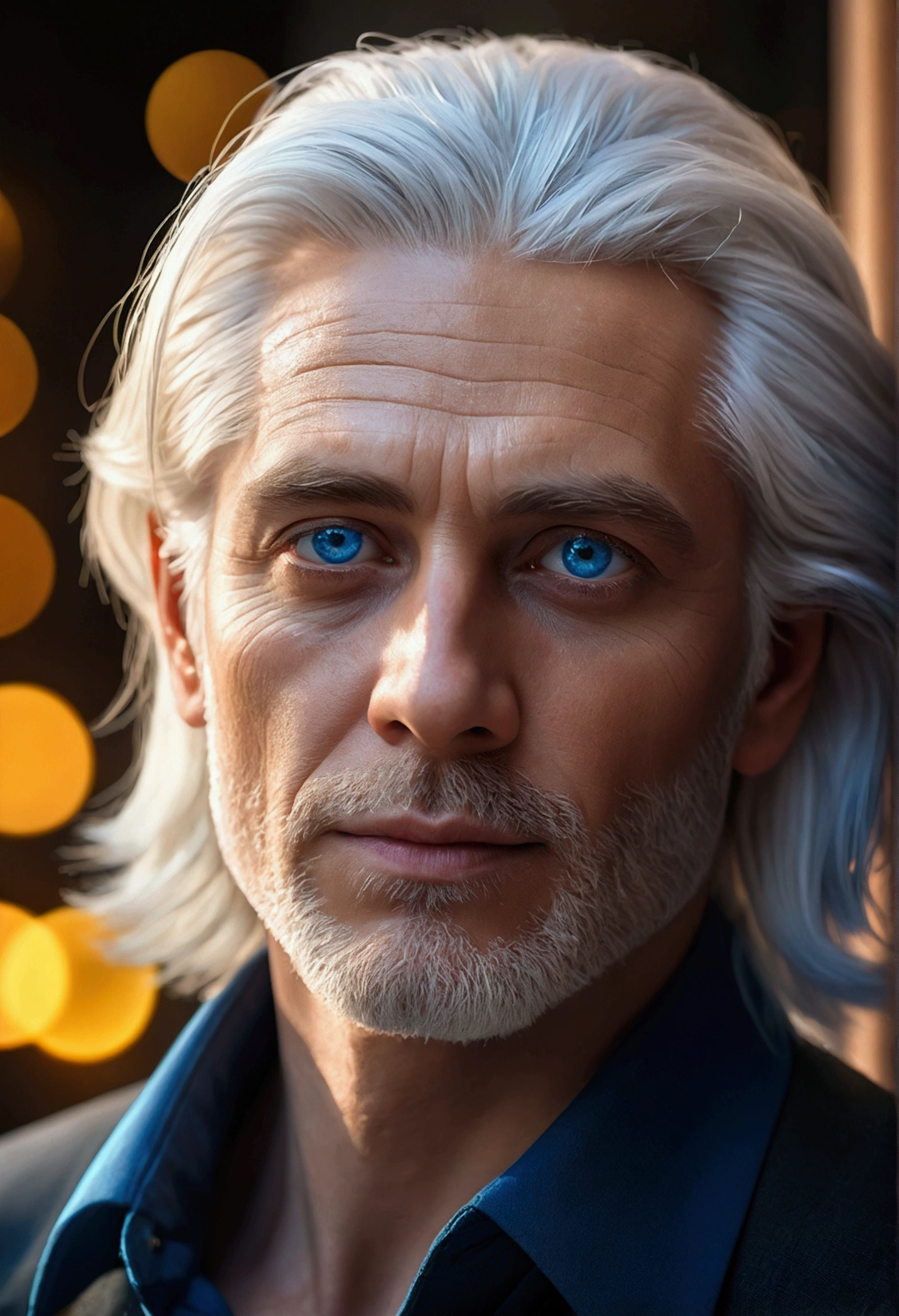 a man with white hair and blue eyes, detailed portrait, ultra-detailed, (best quality,4k,8k,highres,masterpiece:1.2),ultra-detailed,(realistic,photorealistic,photo-realistic:1.37),HDR,UHD,studio lighting,ultra-fine painting,sharp focus,physically-based rendering,extreme detail description,professional,vivid colors,bokeh,digital painting,cinematic lighting,dramatic lighting,ethereal,mystical,spiritual,glowing eyes,celestial,heavenly