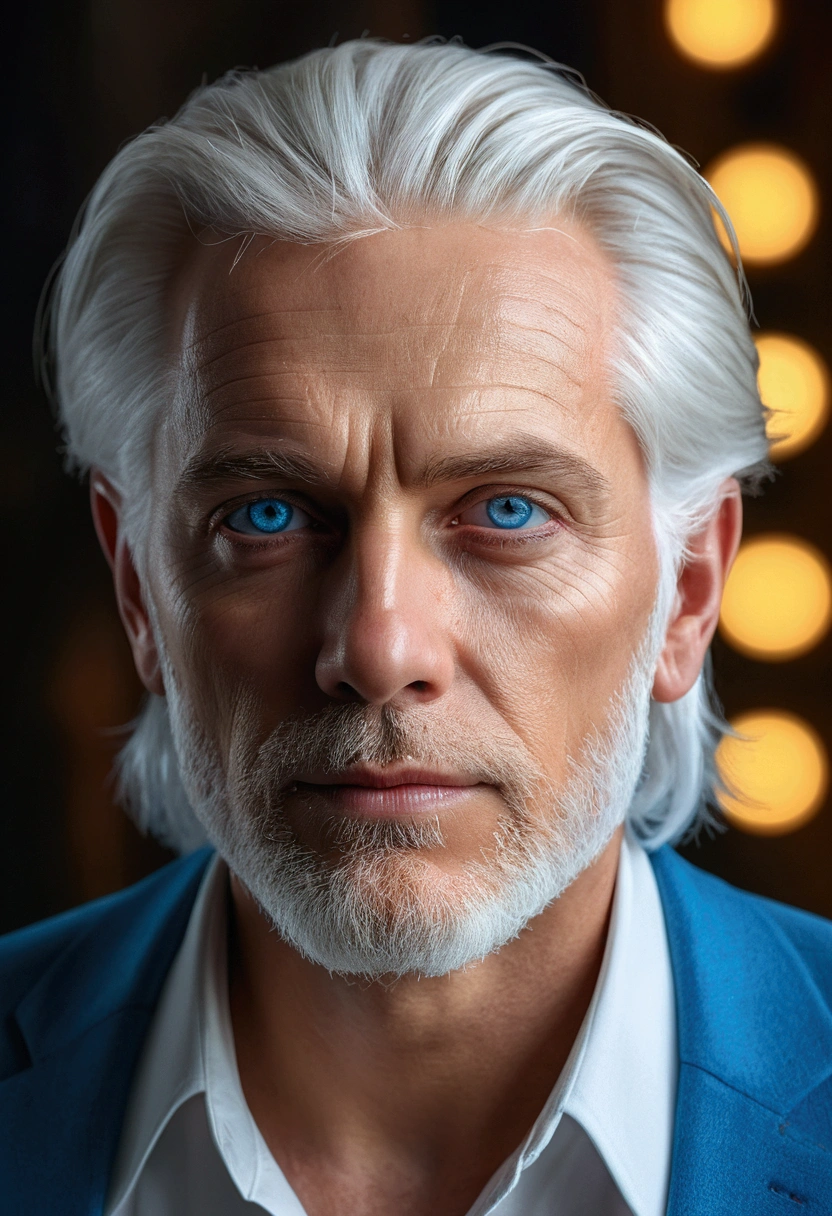 a man with white hair and blue eyes, detailed portrait, ultra-detailed, (best quality,4k,8k,highres,masterpiece:1.2),ultra-detailed,(realistic,photorealistic,photo-realistic:1.37),HDR,UHD,studio lighting,ultra-fine painting,sharp focus,physically-based rendering,extreme detail description,professional,vivid colors,bokeh,digital painting,cinematic lighting,dramatic lighting,ethereal,mystical,spiritual,glowing eyes,celestial,heavenly