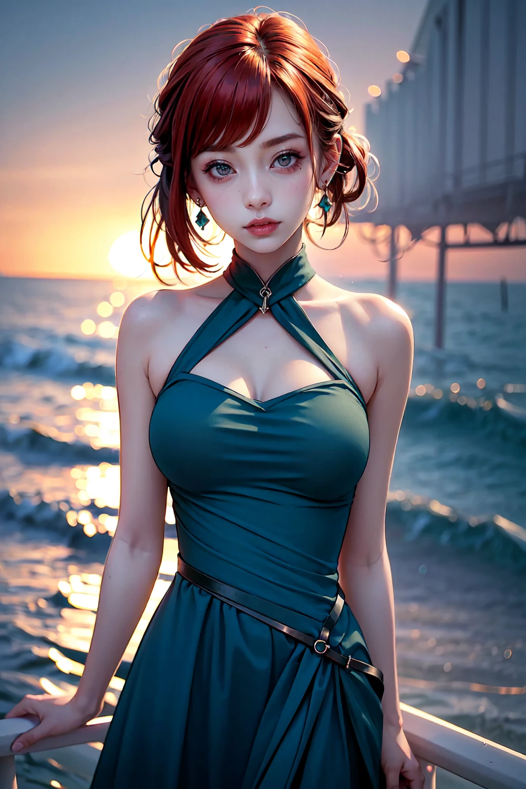 (masterpiece, Highest quality), ((One girl, alone, Long Hair)), Ishmael_edge, Innocent look, Bare arms, Exposing shoulders, Bare neck, watercolor, Sundress, Liquid clothing, water, Wave, water dress, green_theme, night, haze, dark, Sharp focus, Ocean, See-through dress, Orange Hair