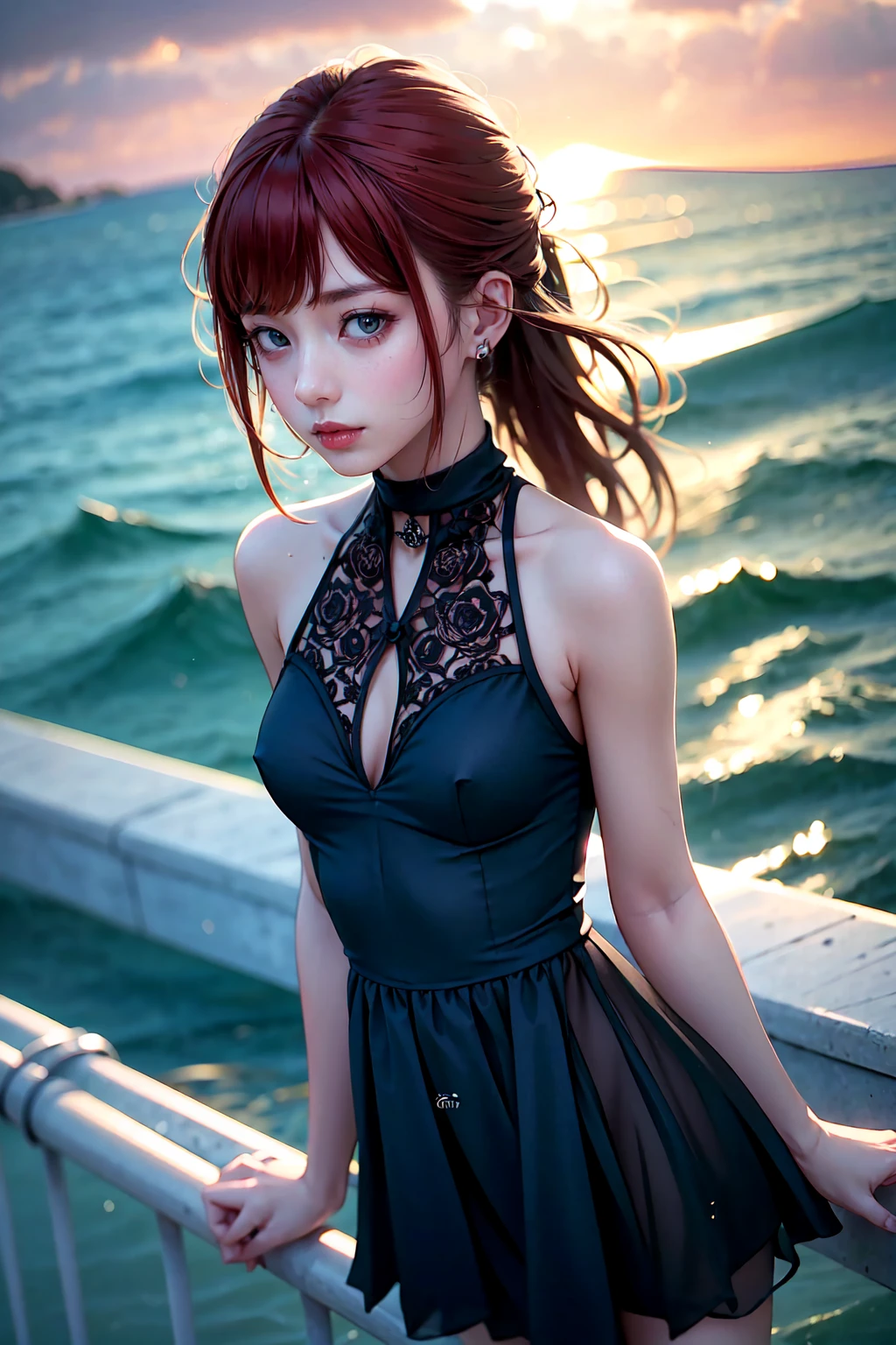 (masterpiece, Highest quality), ((One girl, alone, Long Hair)), Ishmael_edge, Innocent look, Bare arms, Exposing shoulders, Bare neck, watercolor, Sundress, Liquid clothing, water, Wave, water dress, green_theme, night, haze, dark, Sharp focus, Ocean, See-through dress, Orange Hair