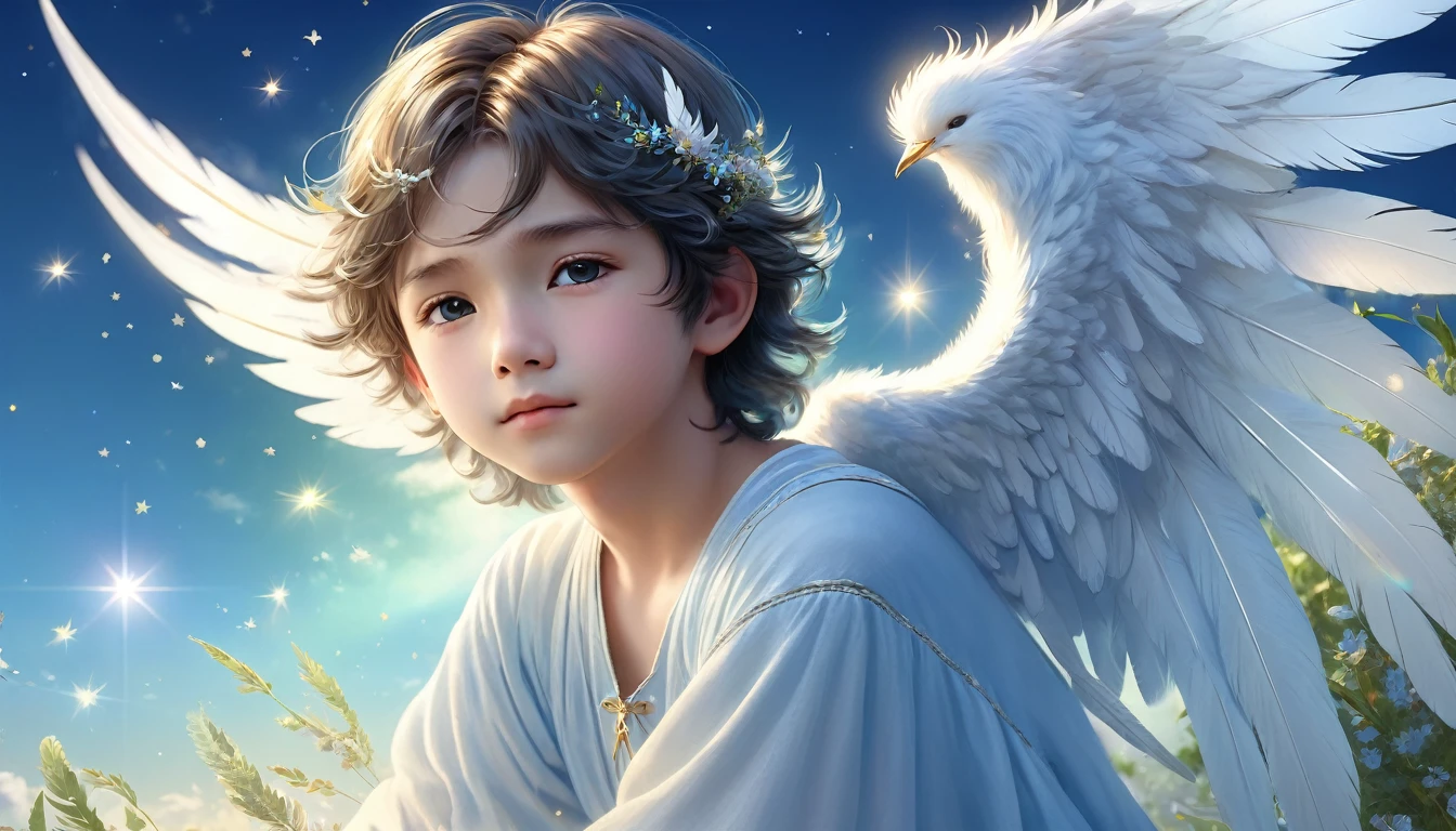 (best quality,4k,8k,highres,masterpiece:1.2),ultra-detailed,(realistic,photorealistic,photo-realistic:1.37),The boy is a beautiful angel、Hair is blue、Western-style face、Gracefully spreading wings。He closed his eyes、I feel a quiet peace、Feathers glow、Fantastic and floral stars spread around、Soft light is coming in from there.....、Gradient of gentle blue and gentle green on background、Angels in the sky look beautiful。