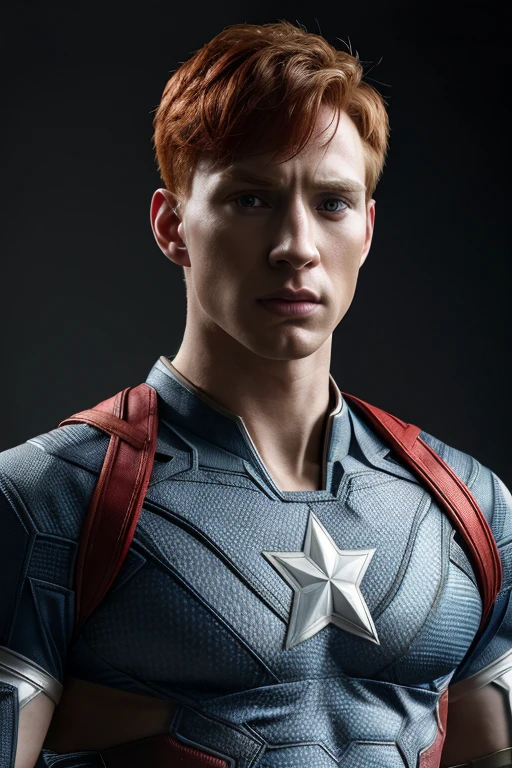 (8k, RAW photo, best quality, masterpiece:1.2), (realistic, photo-realistic:1.4), ultra-detailed, (high detailed skin:1.2), (asian) pale skin, white and red hair, handsome 1man,  captain America