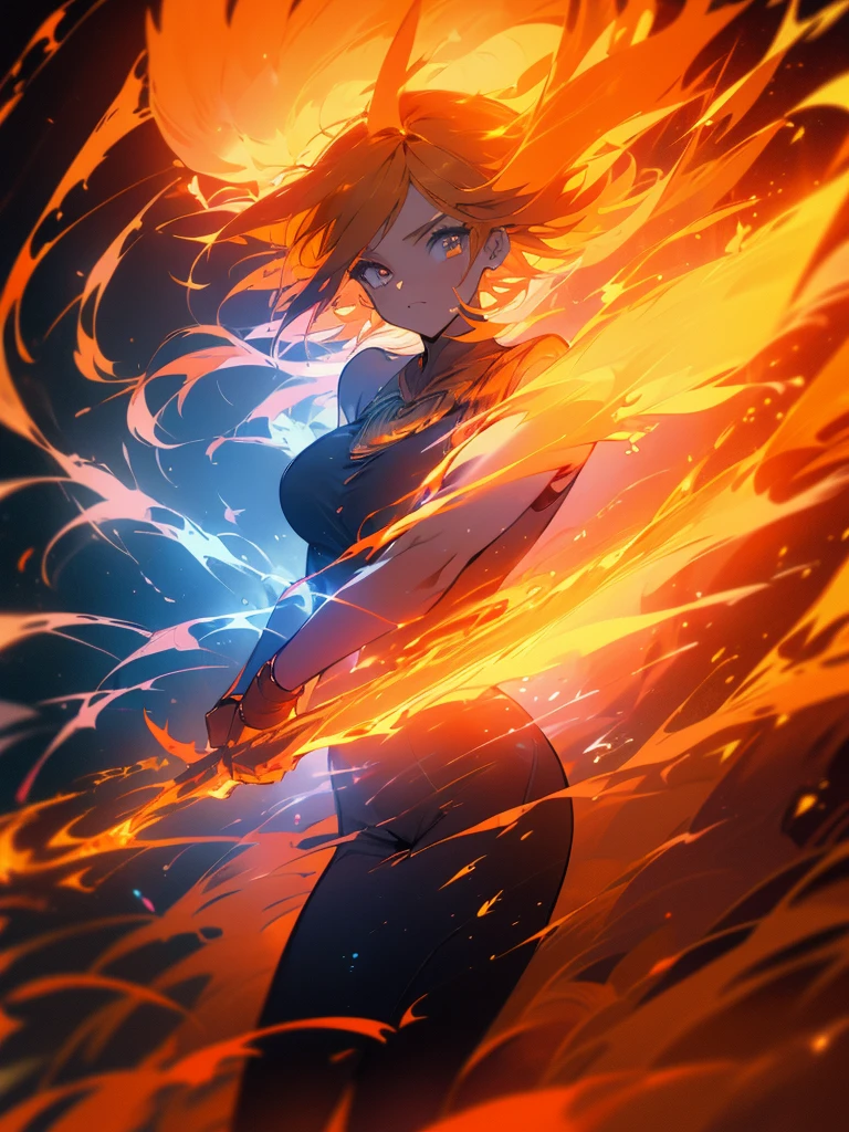 (Girl with Flame - Orange Feathers - Fenix - Fenix Girl - Colorful - HD - Ultra HD - 4K - Flame - Orange Sky - Sun - Imposing - Ultra Flames - Orange and Blue Flames)