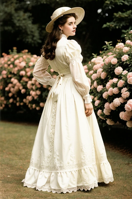 A stylish yo brunette teenage Gibson Girl wearing her bridal gown. Year 1906. Edwardian high-neck long sleeve dress. Ornate wide-brimmed veiled picture hat topped with flowers, ribbons and feathers. Gloves in both hands. Sash tied around her waist. Floor-length skirt. Button boots. 40-20-40 hourglass figure. Large bosom. Wasp waist. Large rear