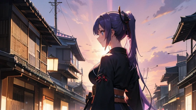 high resolution、anime、One Woman、Samurai costume、Long Hair、ponytail、Facing diagonally forward、Kyoto street corner、At dusk、The backlight is too bright、No one else、Purple Sky、