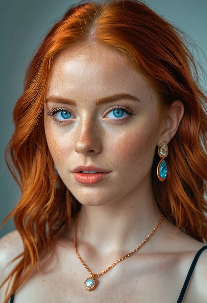beautiful young female influencer, 20 years old, perfect body, sky blue eyes, fiery red hair, light freckles, earring, necklace, (best quality,4k,8k,highres,masterpiece:1.2),ultra-detailed,(realistic,photorealistic,photo-realistic:1.37),highly detailed,vivid colors,studio lighting,HDR,UHD,sharp focus,physically-based rendering,professional, full body view, elegant dress, heels