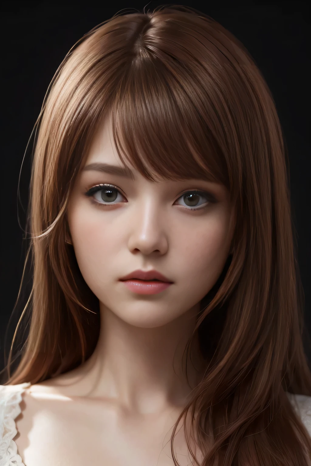 One Girl, Star Eye, Perfect lighting, Red-brown hairs, Reddish brown eyes, Unreal Engine, Side light, Detailed face, Detailed eyes、bangs, Light Skin, Simple Background, Dark Background, Bust up shot,