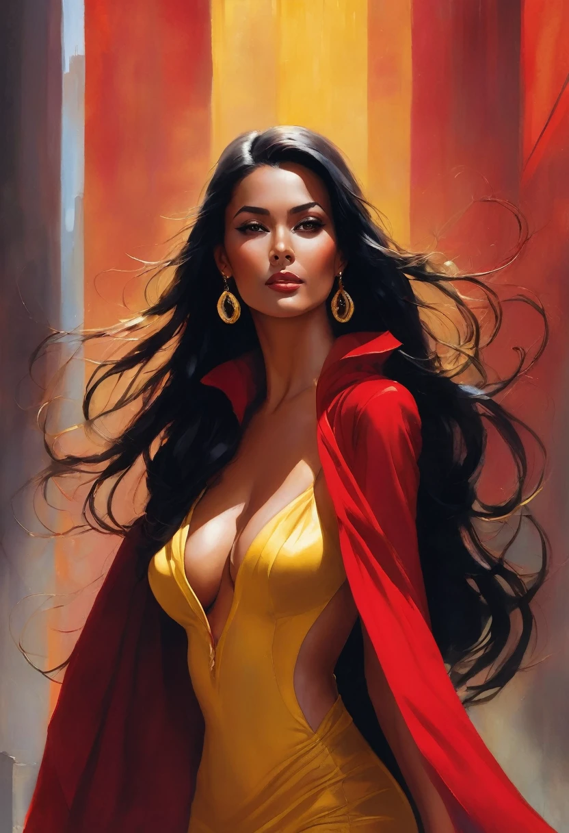 A powerful woman stands tall, her long black hair flowing behind her as she gazes at the viewer with a sultry smile. Her skin-tight bodysuit hugs her curves, accentuating her ample breasts and shapely figure. She wears black elbow gloves and shiny earrings, adding a touch of sophistication to her yellow dress. A red cape drapes over her shoulders, completing her fierce and alluring look