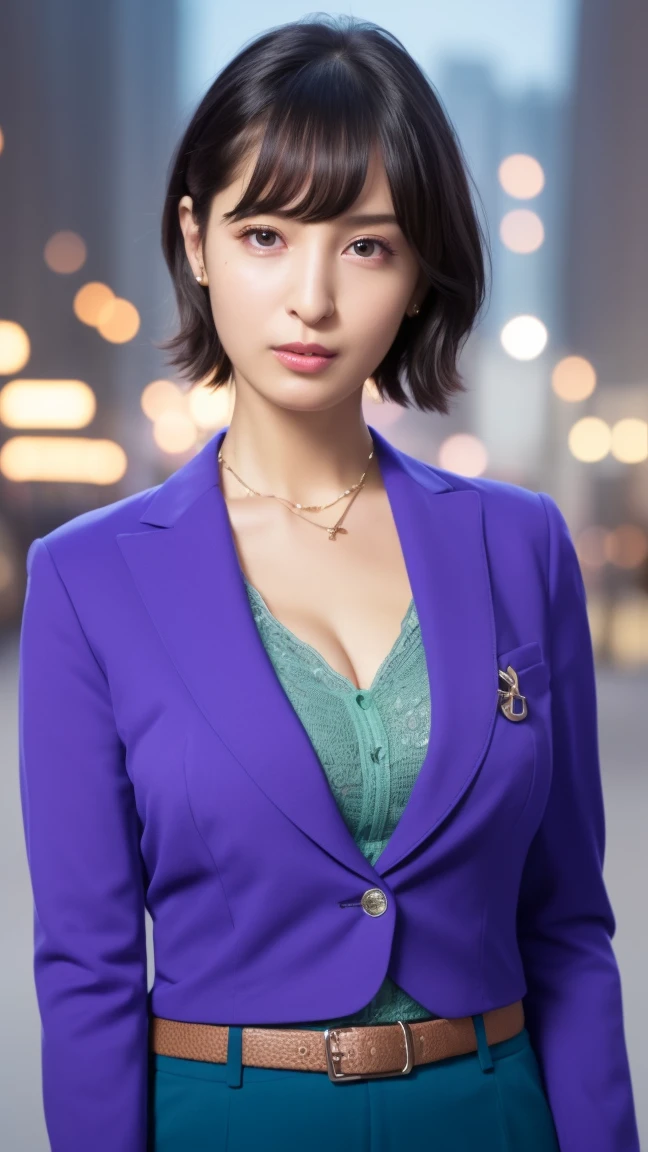 1girl,(wearing belt, belt buckle, black belt, buckle, cleavage, collarbone, jacket, long sleeves, office lady, pants, purple jacket, purple pants, wing collar, green collar:1.2),(RAW photo, best quality), (realistic, photo-realistic:1.4), masterpiece, an extremely delicate and beautiful, extremely detailed, 2k wallpaper, Amazing, finely detail, extremely detailed CG unity 8k wallpaper, ultra-detailed, highres, soft light, beautiful detailed girl, extremely detailed eyes and face, beautiful detailed nose, beautiful detailed eyes,cinematic lighting,at a park,city lights at night,perfect anatomy,slender body, close up,short hair,big breasts,smile