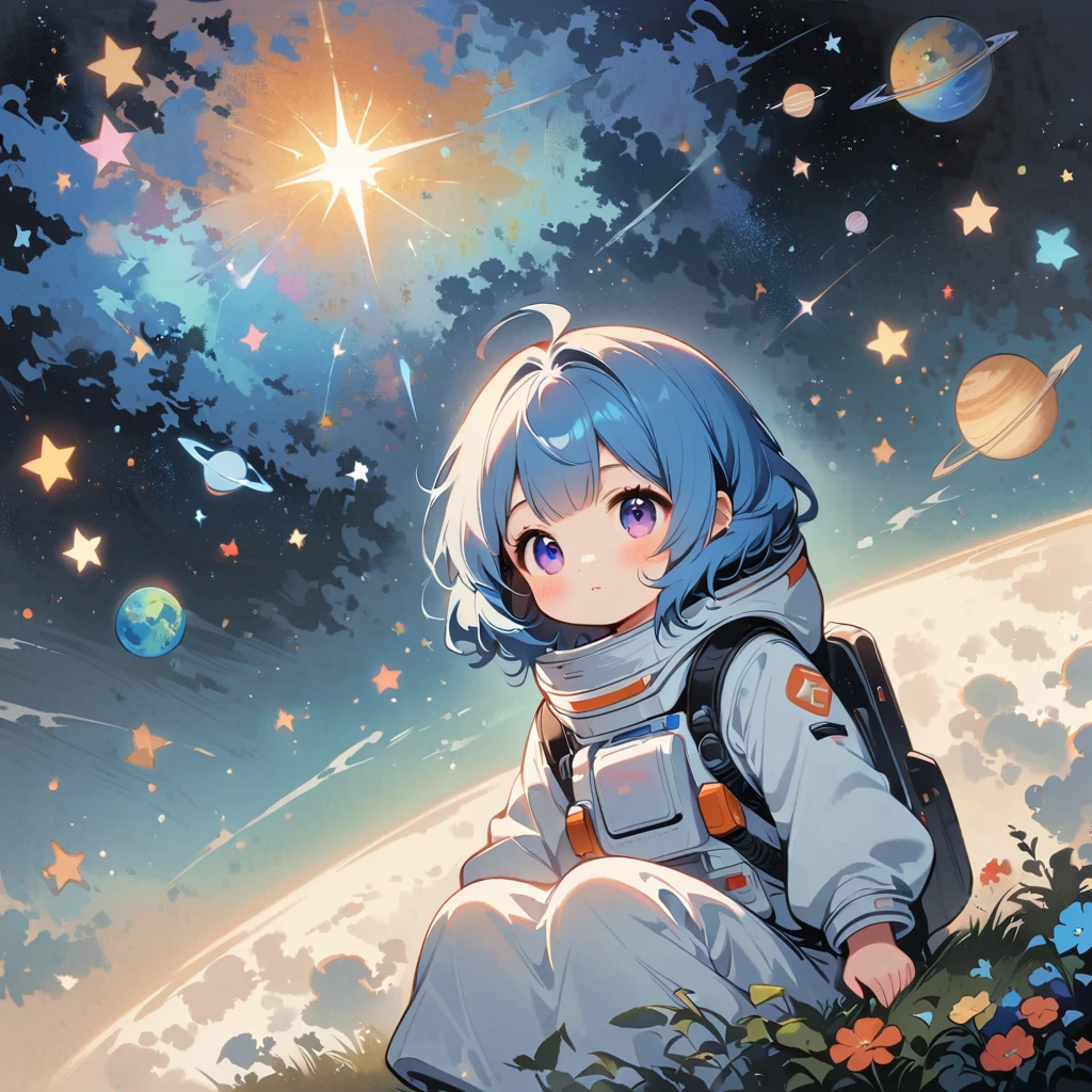 Girl sit in spacesuit floating in space,blue hair, surrounded by the Milky Way, the universe , cutely.  กินขนม เจอเอเลี่ยน