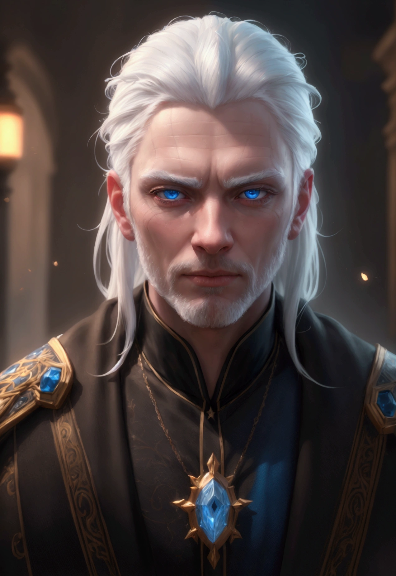 a man with white hair and blue eyes, detailed portrait, ultra-detailed, (best quality,4k,8k,highres,masterpiece:1.2),ultra-detailed,(realistic,photorealistic,photo-realistic:1.37),HDR,UHD,studio lighting,ultra-fine painting,sharp focus,physically-based rendering,extreme detail description,professional,vivid colors,bokeh,digital painting,cinematic lighting,dramatic lighting,ethereal,mystical,spiritual,glowing eyes,celestial,heavenly