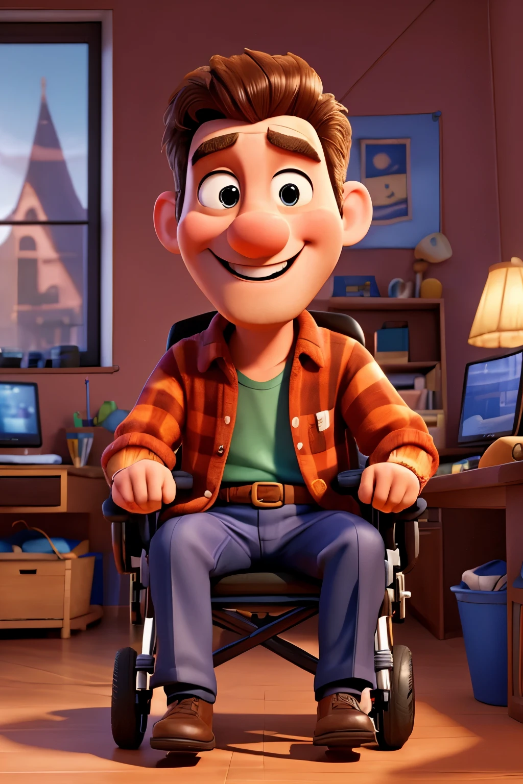 This realistic, hyper-detailed 3D Pixar Disney show features a happy man wearing a clown. The man has a warm smile on his face, with intricate detail, including subtle fine lines around it. The background is a bright and cheerful morning, with the sun rising and casting dynamic shadows. Summer is in full bloom and the image exudes a vibrant and uniform atmosphere.. A man is sitting in a wheelchair in front of the computer, working