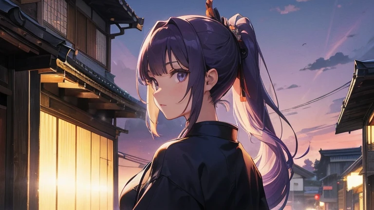 high resolution、anime、One Woman、Samurai costume、Long Hair、ponytail、Facing forward、Kyoto street corner、At dusk、The backlight is too bright、No one else、Purple Sky、