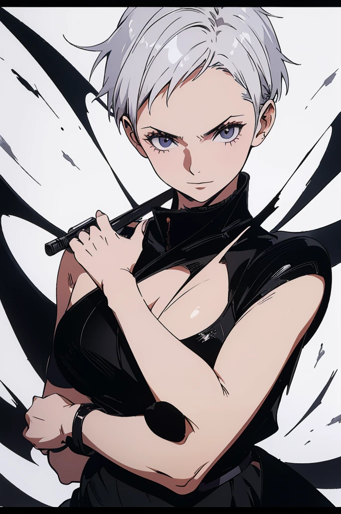 character design sheet, young woman in ninja outfit, black costume with ninja weapons, woman with short white hair, on parchment, HD, ((8k, 4K) Great quality, detailed character